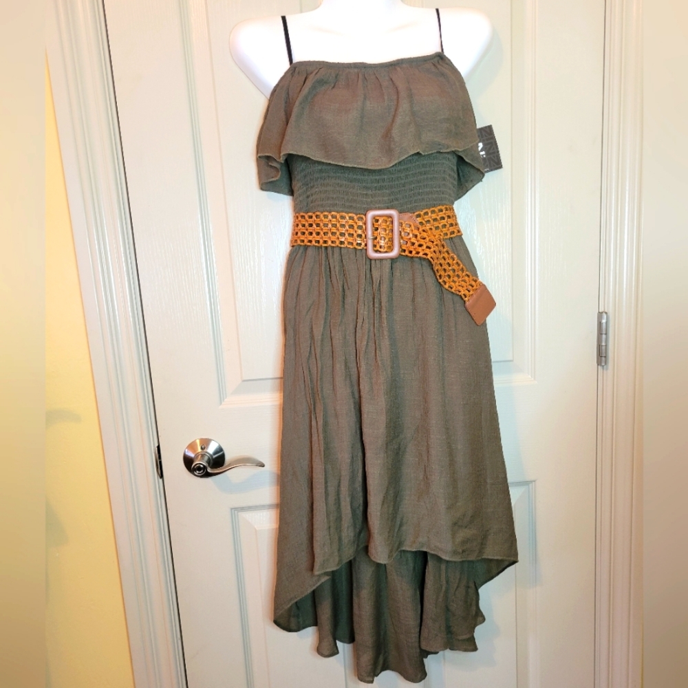 iZ Byer - Tube Ruffle Dress with  Belt in Olive Green Size L  NWT